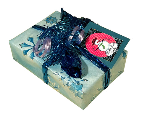 Holiday gift wrap and small Snowman card with handwritten message